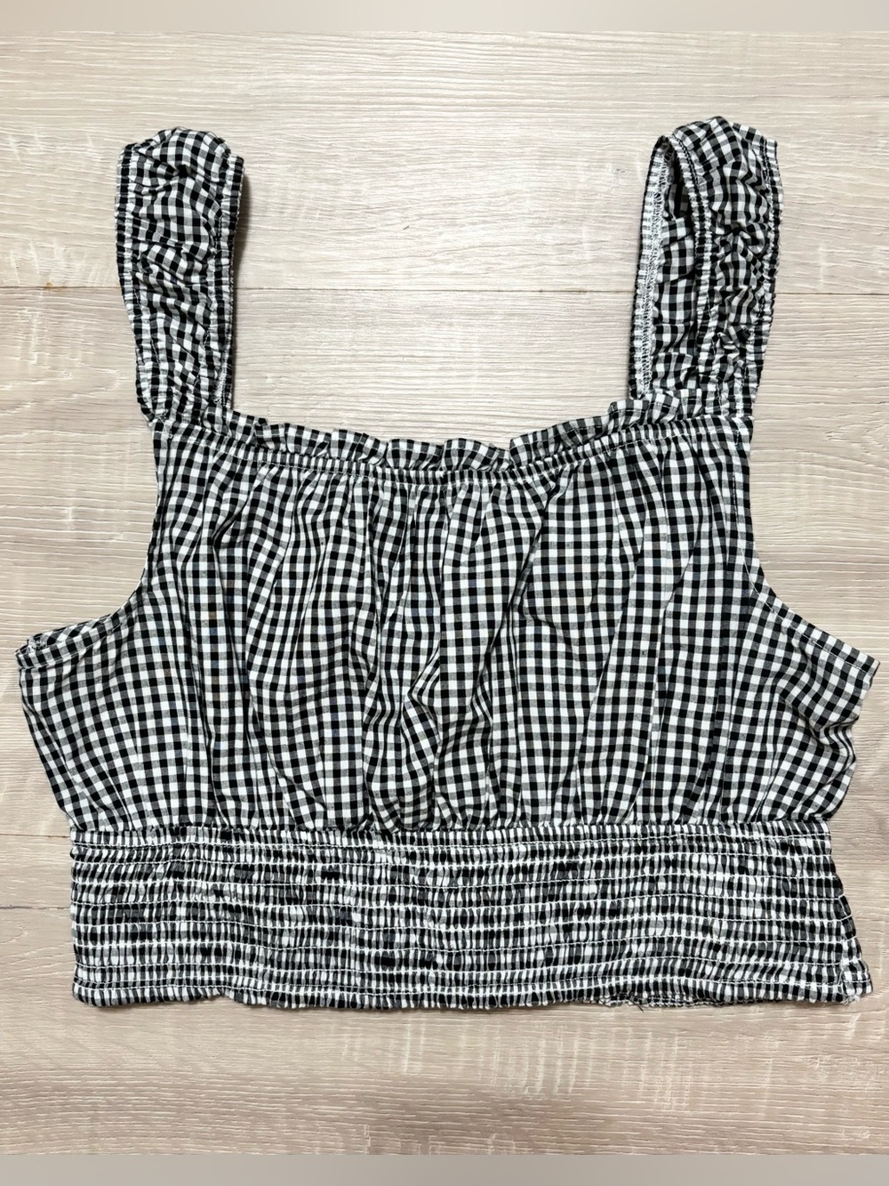 Women’s Gingham Smocked Crop Top Black White Sleeveless Cottagecore Size Large